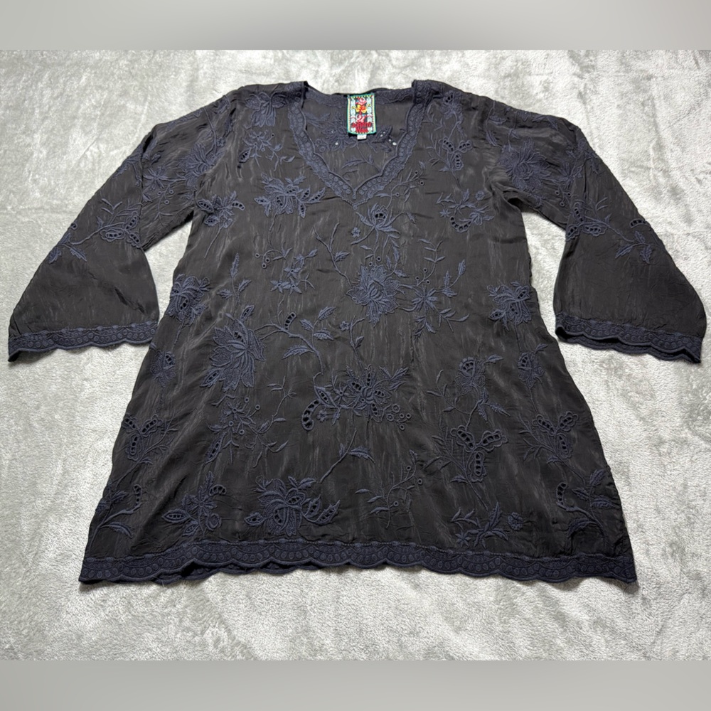 Johnny Was Womens Top XS Sheer Black Floral Embroidered Boho Hippie V Neck